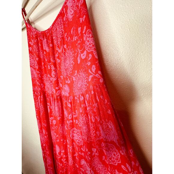 Lush Red & Pink Scoop Neck Open Tie Back Floral Print Boho Midi Sun dress S - Picture 6 of 13